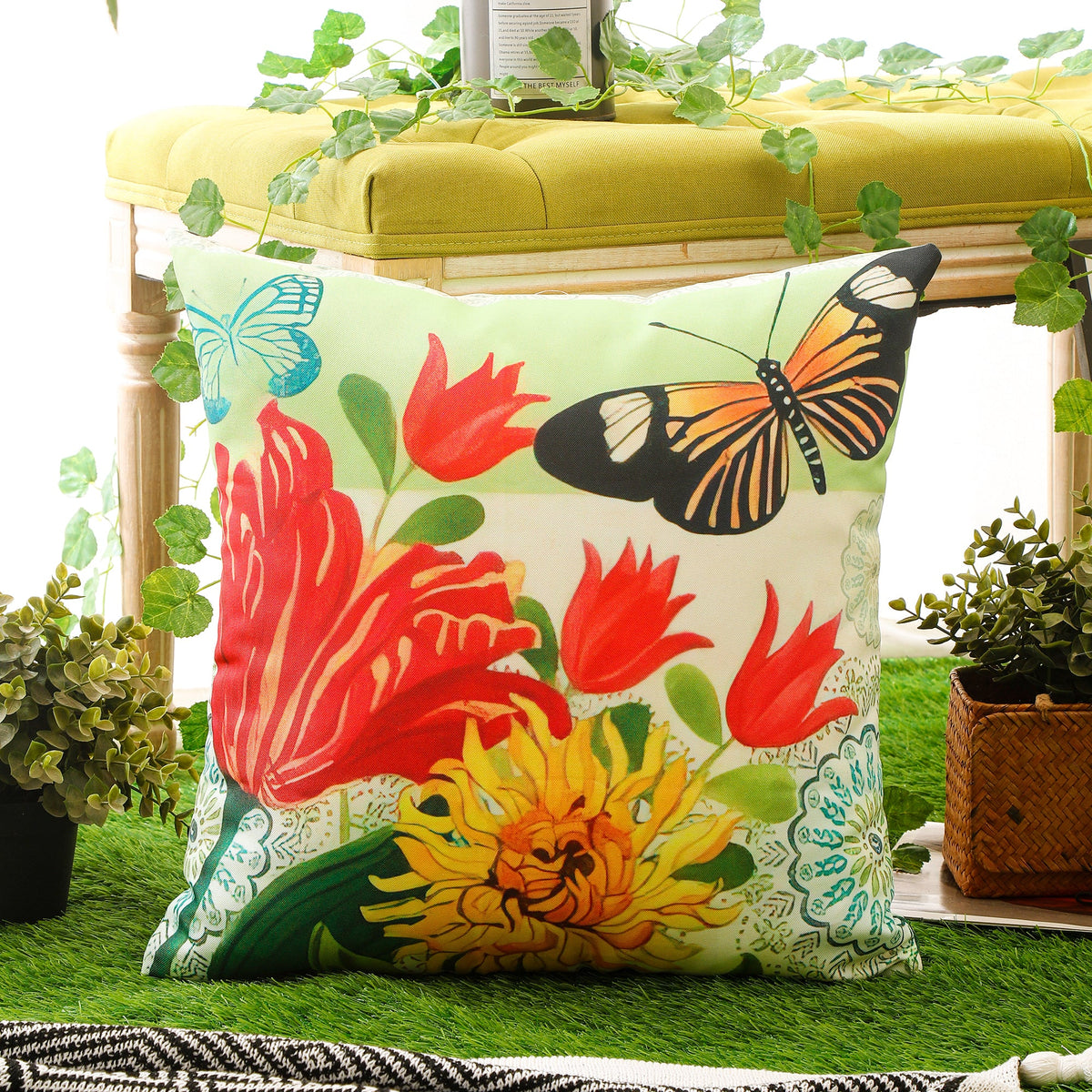 Colourful Flower and Butterfly Print Waterproof Cushion Cover - Design 1 (Set of 4 - 45x45cm)-4