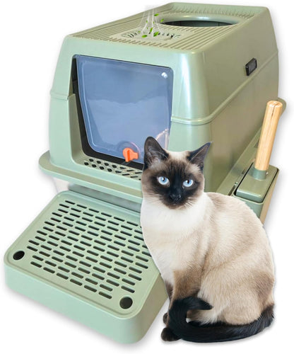 IGAD XXL Stainless Steel Cat Litter Box – High Sides, Non-Stick, Easy Clean, Odour Control, Removable Lid & Scoop (Green Double Entry)-0