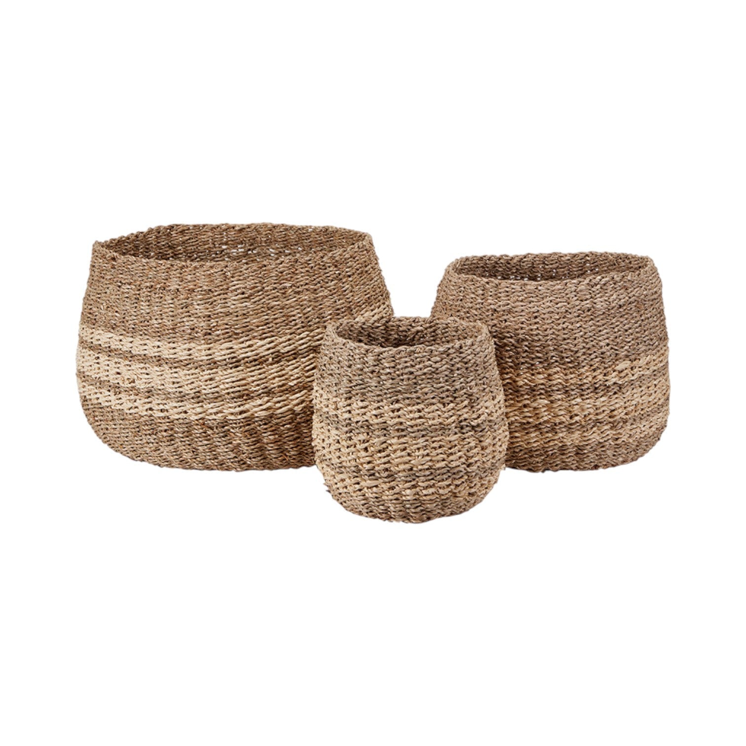 Set of 3 Two Tone Seagrass and Palm Leaf Natural Round Baskets-0