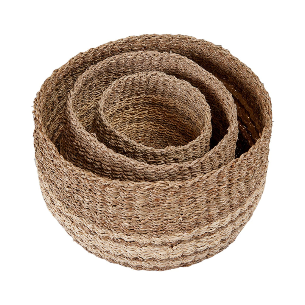 Set of 3 Two Tone Seagrass and Palm Leaf Natural Round Baskets-1