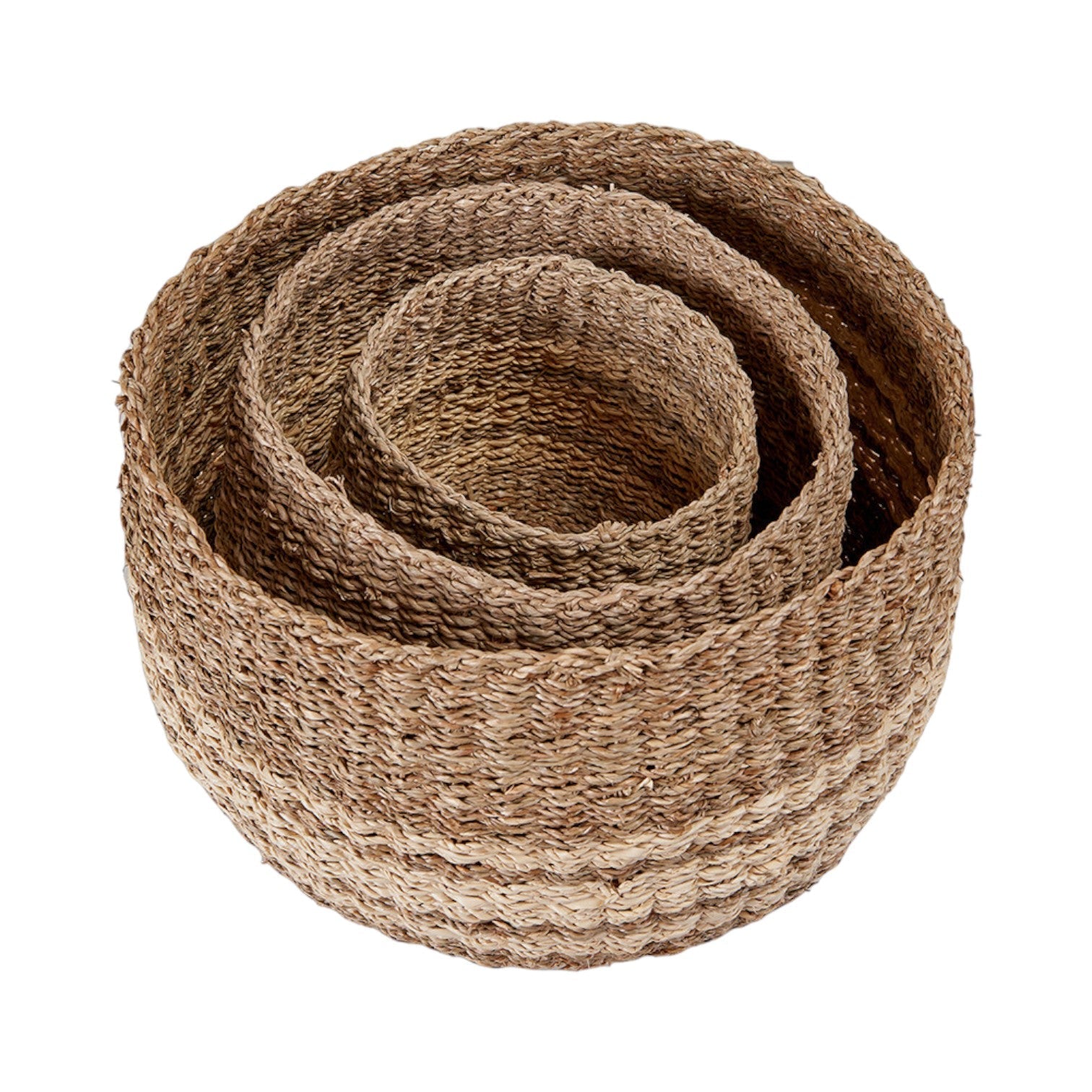 Set of 3 Two Tone Seagrass and Palm Leaf Natural Round Baskets-1