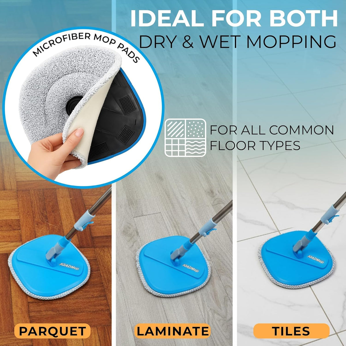 IGADMop Professional Set with Bucket, 2 Chamber System for Separating Dirty and Clean Water, 130 cm Telescopic Handle, 1 Microfibre Mop Pad-3