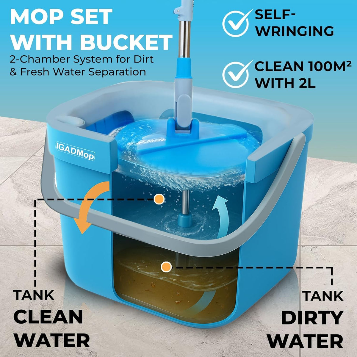 IGADMop Professional Set with Bucket, 2 Chamber System for Separating Dirty and Clean Water, 130 cm Telescopic Handle, 1 Microfibre Mop Pad-1