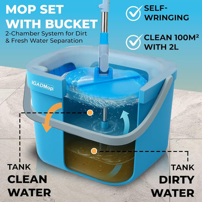 IGADMop Professional Set with Bucket, 2 Chamber System for Separating Dirty and Clean Water, 130 cm Telescopic Handle, 1 Microfibre Mop Pad-1