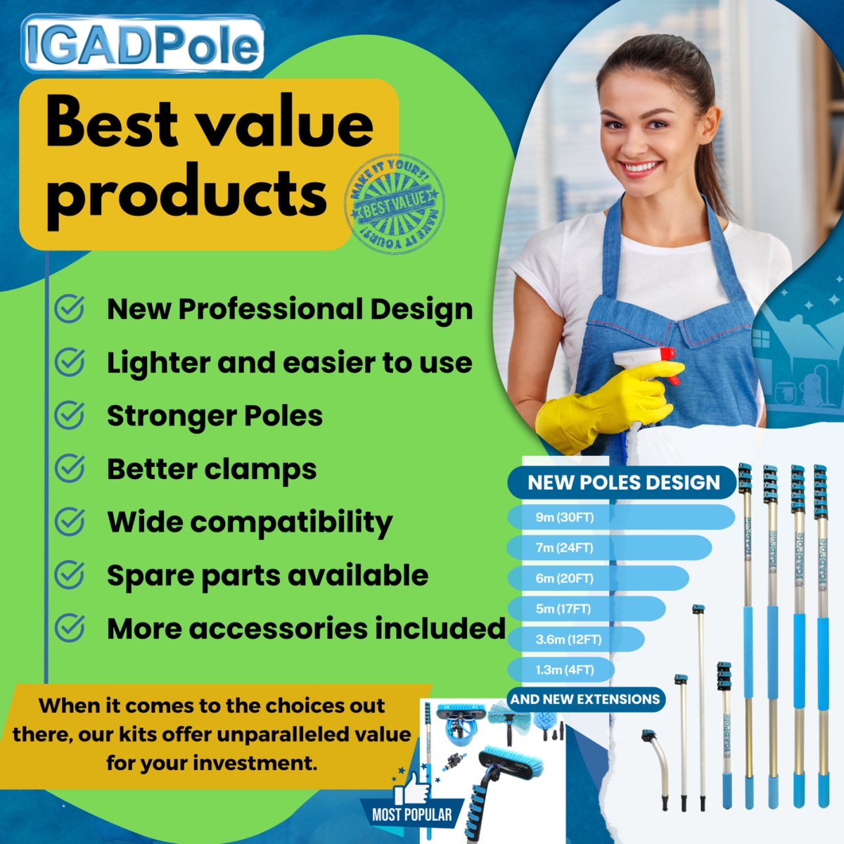 IGADPole 6m (20ft) Extension Pole Kit with Water-fed Brush and Hose, with 5-Stage Telescoping Pole 5-20ft Pole-4
