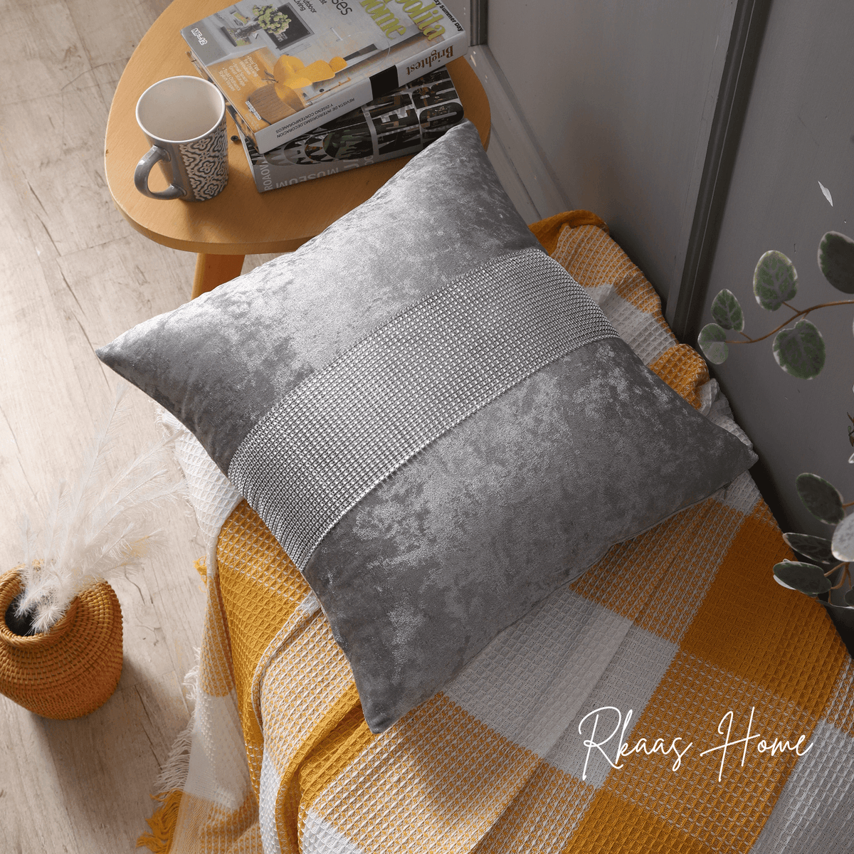 Diamante Sparkle/Bling Silver Grey Crushed Ice Velvet Square Cushion Cover ( Set of 4 pcs)-0