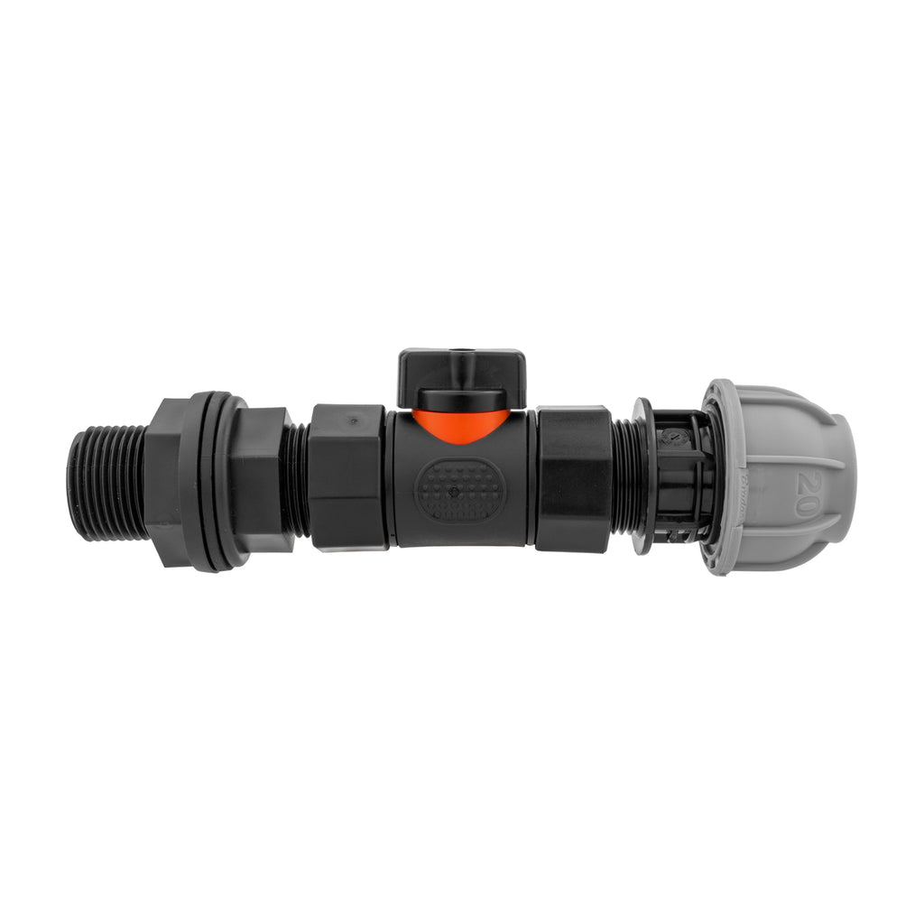 Water Butt Connector 3/4in BSP with In-Line BSPF Valve and 20mm MDPE Straight-0