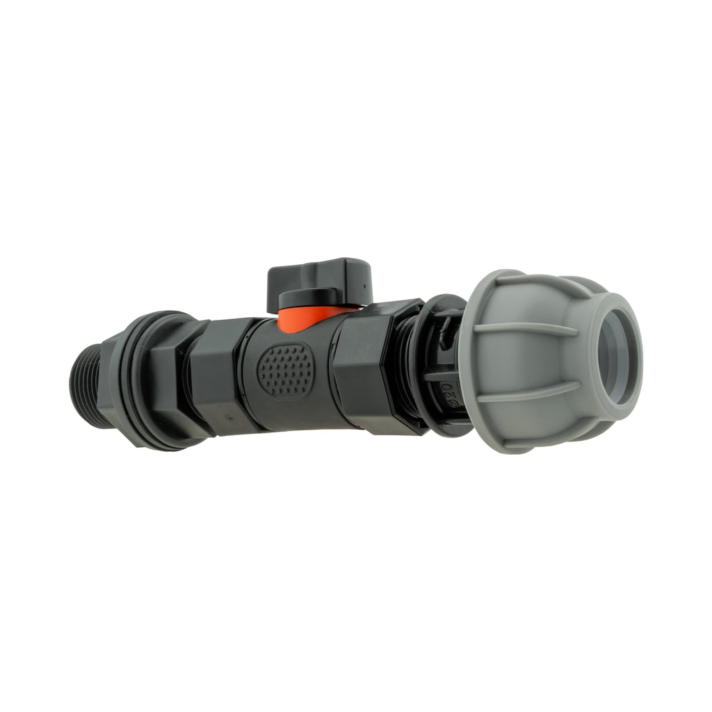 Water Butt Connector 3/4in BSP with In-Line BSPF Valve and 20mm MDPE Straight-1
