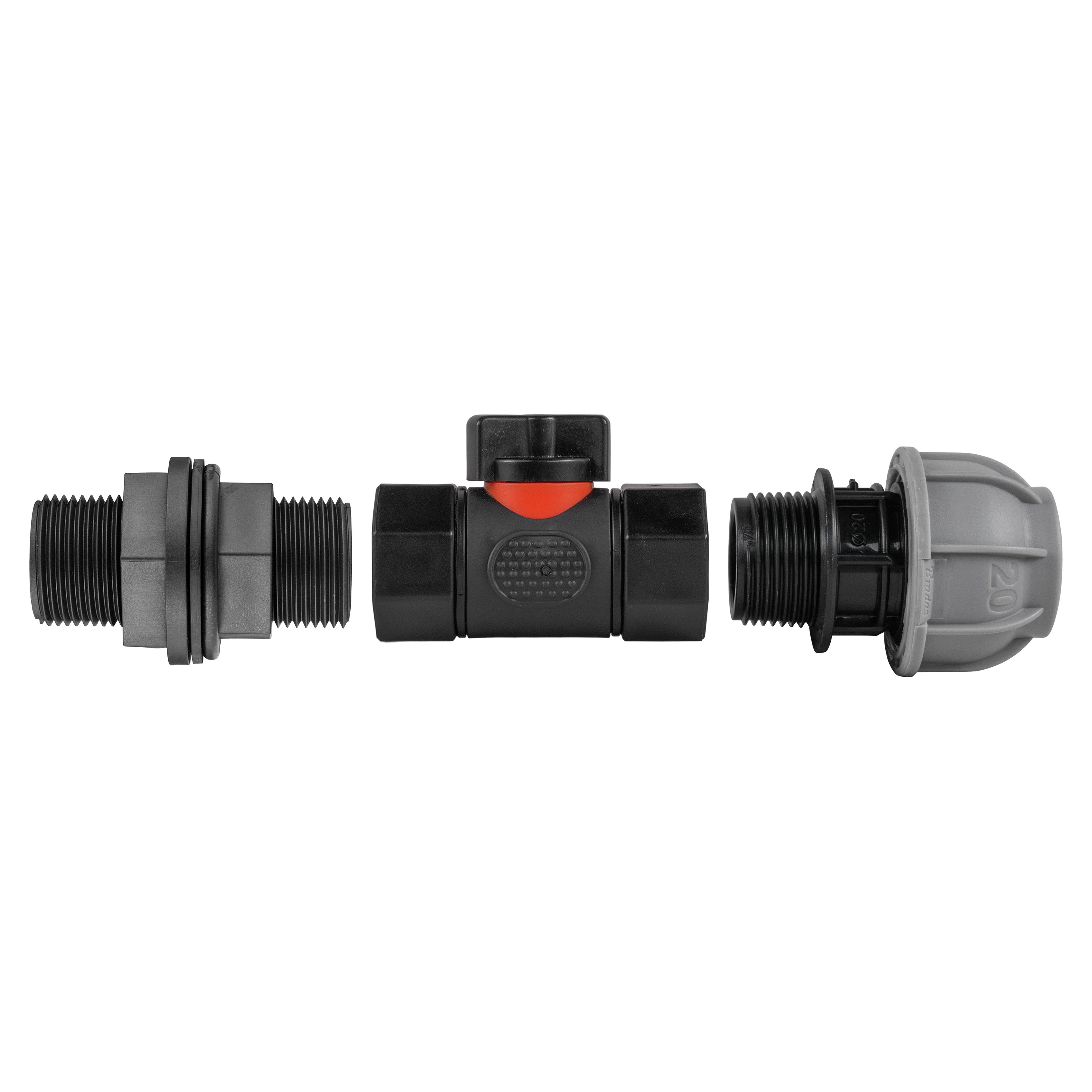 Water Butt Connector 3/4in BSP with In-Line BSPF Valve and 20mm MDPE Straight-3
