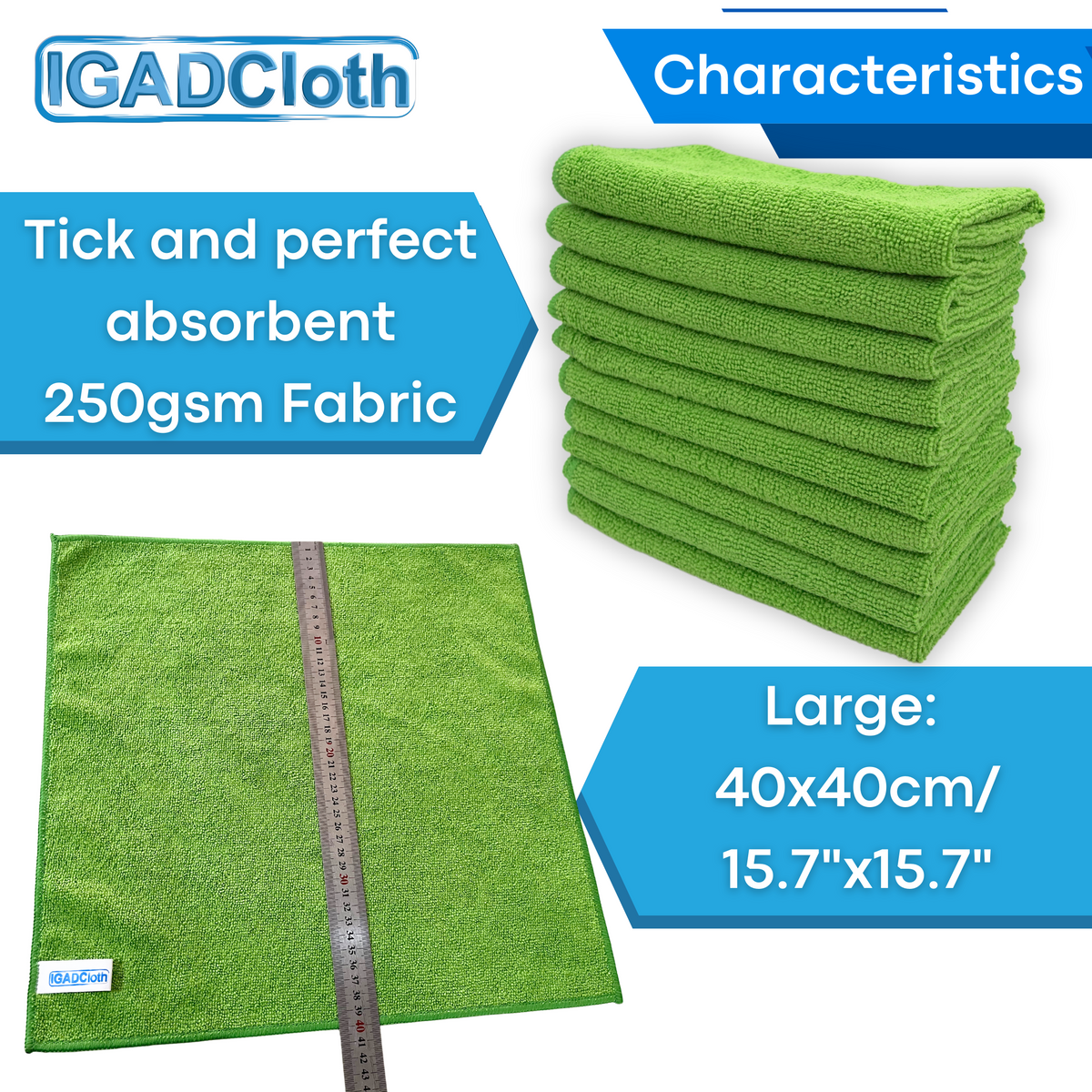IGADCloth Green Microfiber Sets, Cleaning Cloths 40x40cm 250gsm + 1 Free Glass Cloth-3