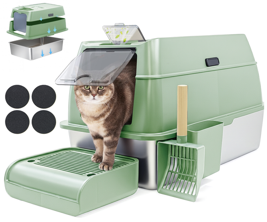 IGAD XXL Stainless Steel Cat Litter Box – High Sides, Non-Stick, Easy Clean, Odour Control, Removable Lid & Scoop (Green)-0