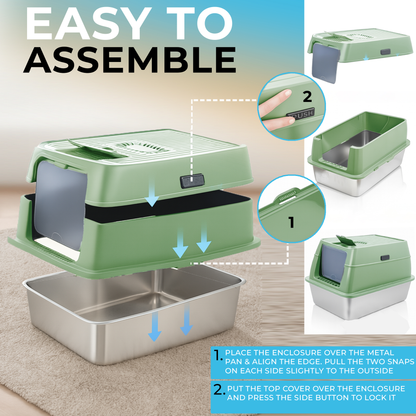 IGAD XXL Stainless Steel Cat Litter Box – High Sides, Non-Stick, Easy Clean, Odour Control, Removable Lid & Scoop (Green)-1