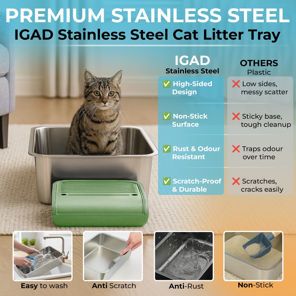 IGAD XXL Stainless Steel Cat Litter Box – High Sides, Non-Stick, Easy Clean, Odour Control, Removable Lid & Scoop (Green Double Entry)-3