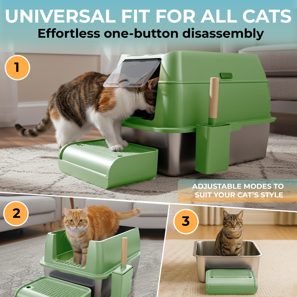 IGAD XXL Stainless Steel Cat Litter Box – High Sides, Non-Stick, Easy Clean, Odour Control, Removable Lid & Scoop (Green)-4