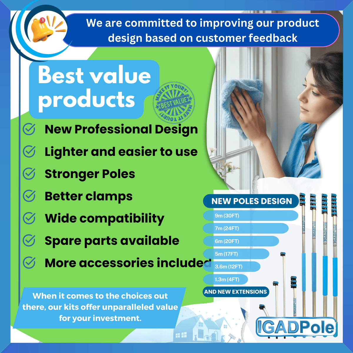 IGADPole 10"(25cm) Soft Bristle Water-Fed Brush Only, 30ft(10m) Long Light Hose, ACME and IGAD new Connector compatible (no pole included)-4
