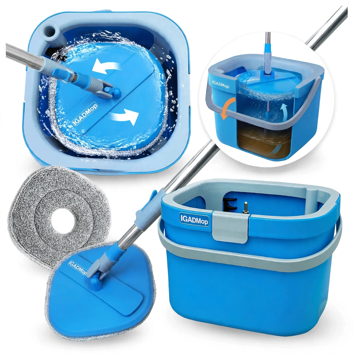 IGADMop Professional Set with Bucket, 2 Chamber System for Separating Dirty and Clean Water, 130 cm Telescopic Handle, 1 Microfibre Mop Pad-0