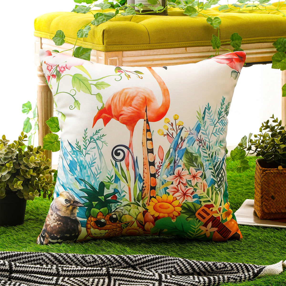 Colourful Bird Print Waterproof Cushion Cover  - Design 2 (Set of 4 - 45x45cm)-4