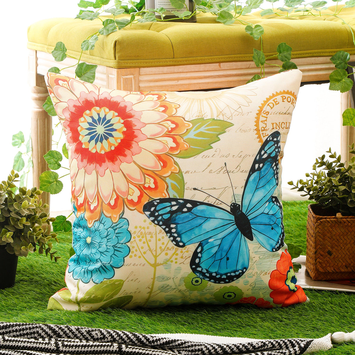 Colourful Flower and Butterfly Print Waterproof Cushion Cover  - Design 1 (Set of 4 - 45x45cm)-3