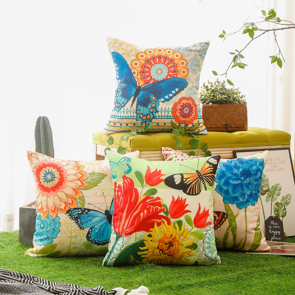 Colourful Flower and Butterfly Print Waterproof Cushion Cover  - Design 1 (Set of 4 - 45x45cm)-1