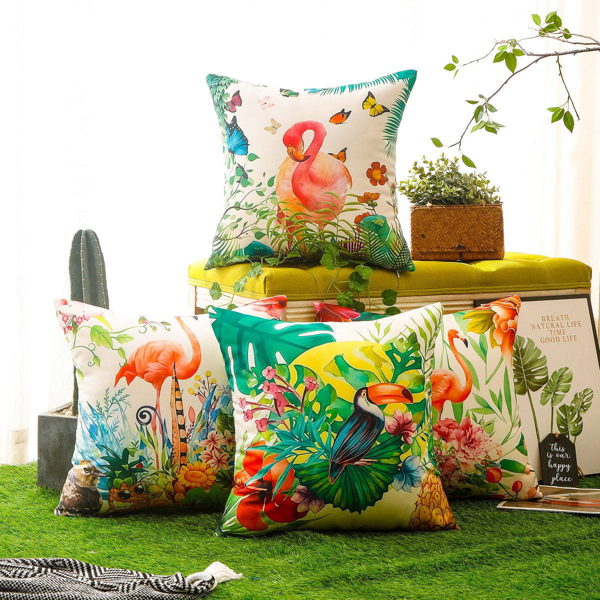 Colourful Bird Print Waterproof Cushion Cover  - Design 2 (Set of 4 - 45x45cm)-1