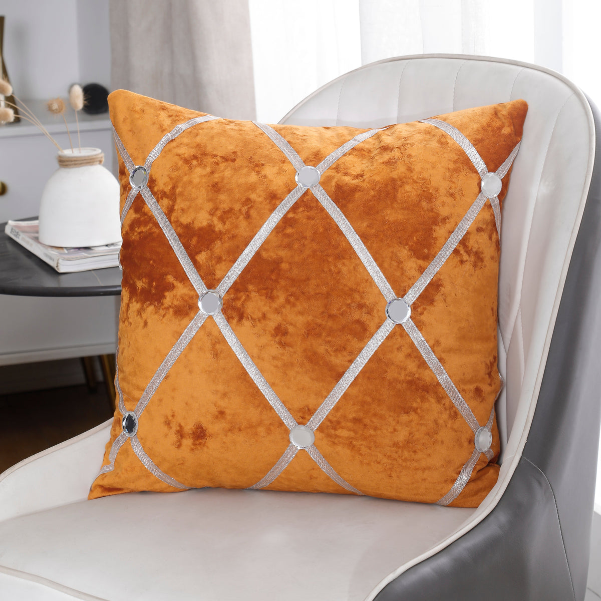 Diamante Sparkle/Bling Orange Colour Crushed Ice Velvet Square Cushion Cover 45x45cm (18 x 18 Inches)-1