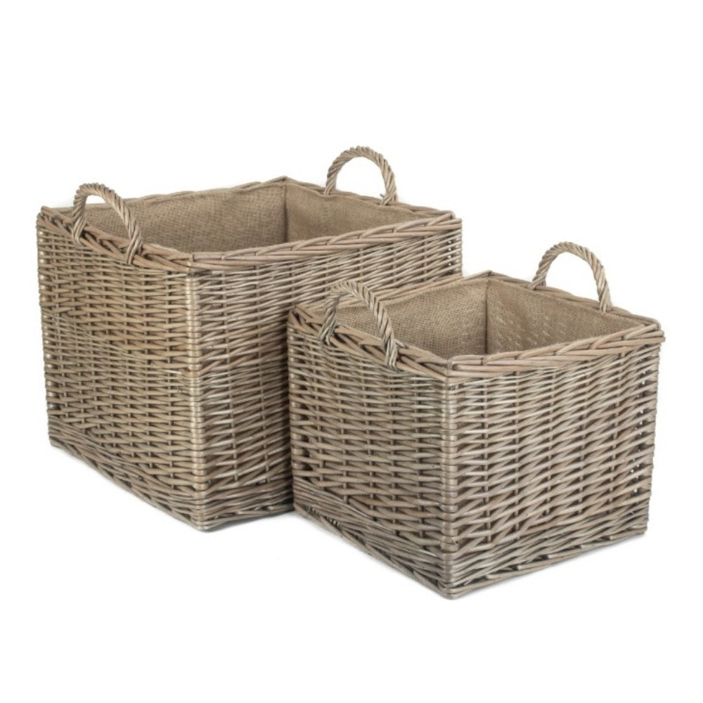 Antique Wash Square Hessian Lined Wicker Log Basket-0