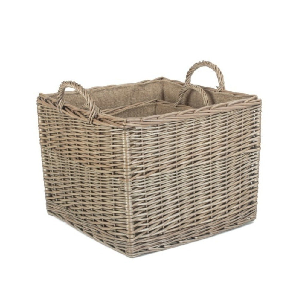 Antique Wash Square Hessian Lined Wicker Log Basket-1