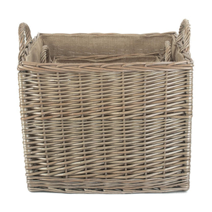 Antique Wash Square Hessian Lined Wicker Log Basket-2