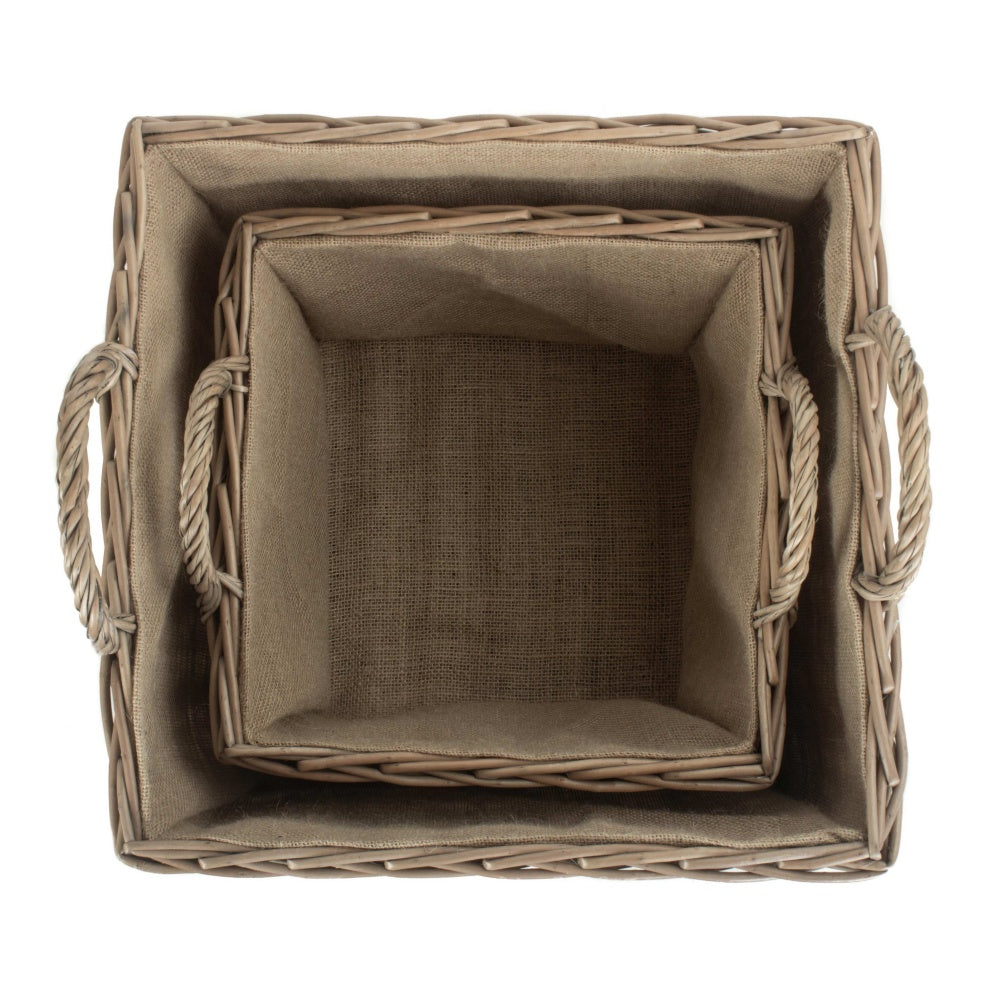Antique Wash Square Hessian Lined Wicker Log Basket-3