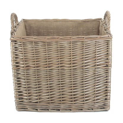Antique Wash Square Hessian Lined Wicker Log Basket-5