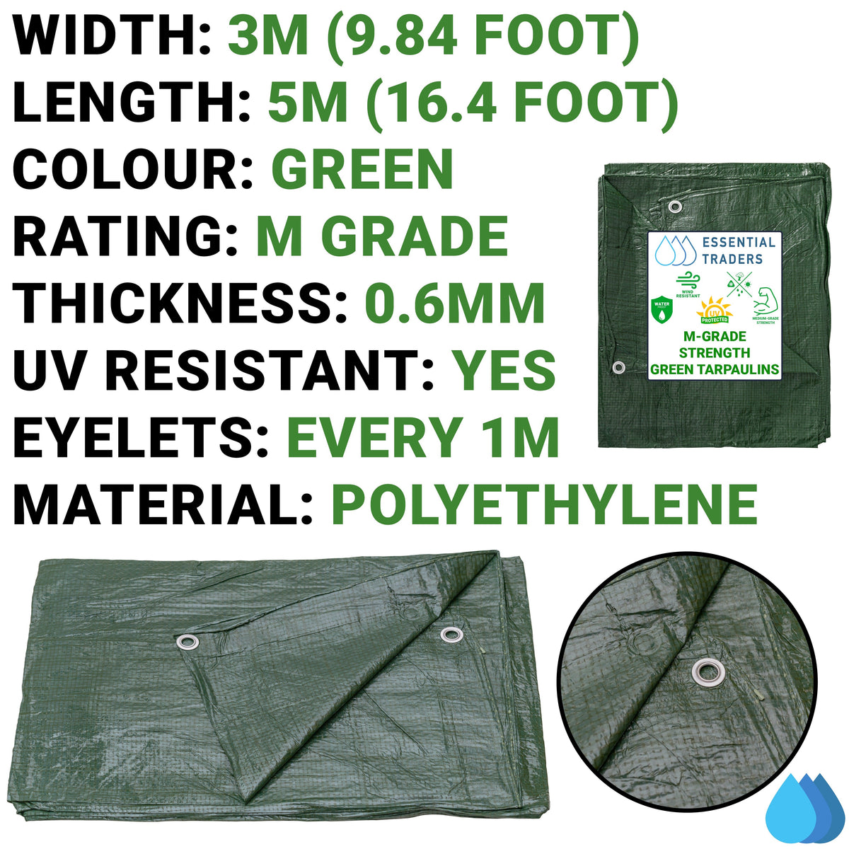 3m x 5m Green Tarpaulins, M-Grade 90 GSM-1