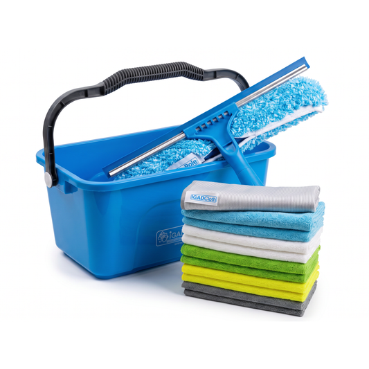 IGADPole 12L Window Cleaning Bucket Kit with 14" Squeegee & 10x Free Microfibre Cloths + 1 Special Glass Cloth – Professional Window Washing Set for Home, Car & Conservatory-0