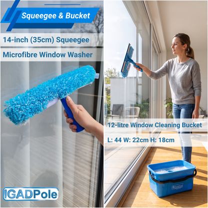 IGADPole 12L Window Cleaning Bucket Kit with 14" Squeegee & 10x Free Microfibre Cloths + 1 Special Glass Cloth – Professional Window Washing Set for Home, Car & Conservatory-1