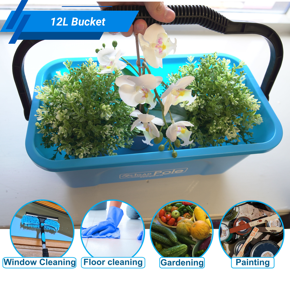 IGADPole 12L Window Cleaning Bucket Kit with 14" Squeegee & 10x Free Microfibre Cloths + 1 Special Glass Cloth – Professional Window Washing Set for Home, Car & Conservatory-3