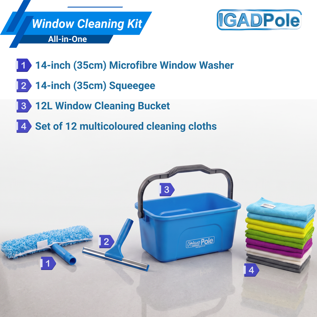 IGADPole 12L Window Cleaning Bucket Kit with 14" Squeegee & Microfibre Washer Head + 12x Free Microfibre Cloths – Professional Window Washing Set for Home, Car & Conservatory-3
