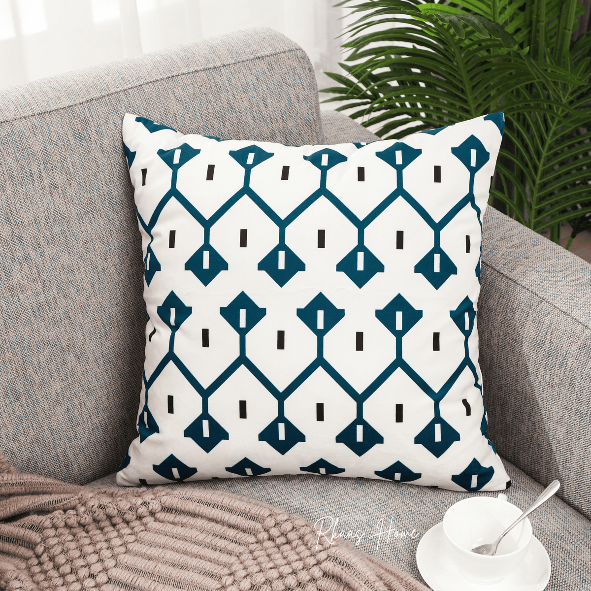 Designer Dutch Velvet Geometric Cushion Cover 45x45 cm - Blue-3