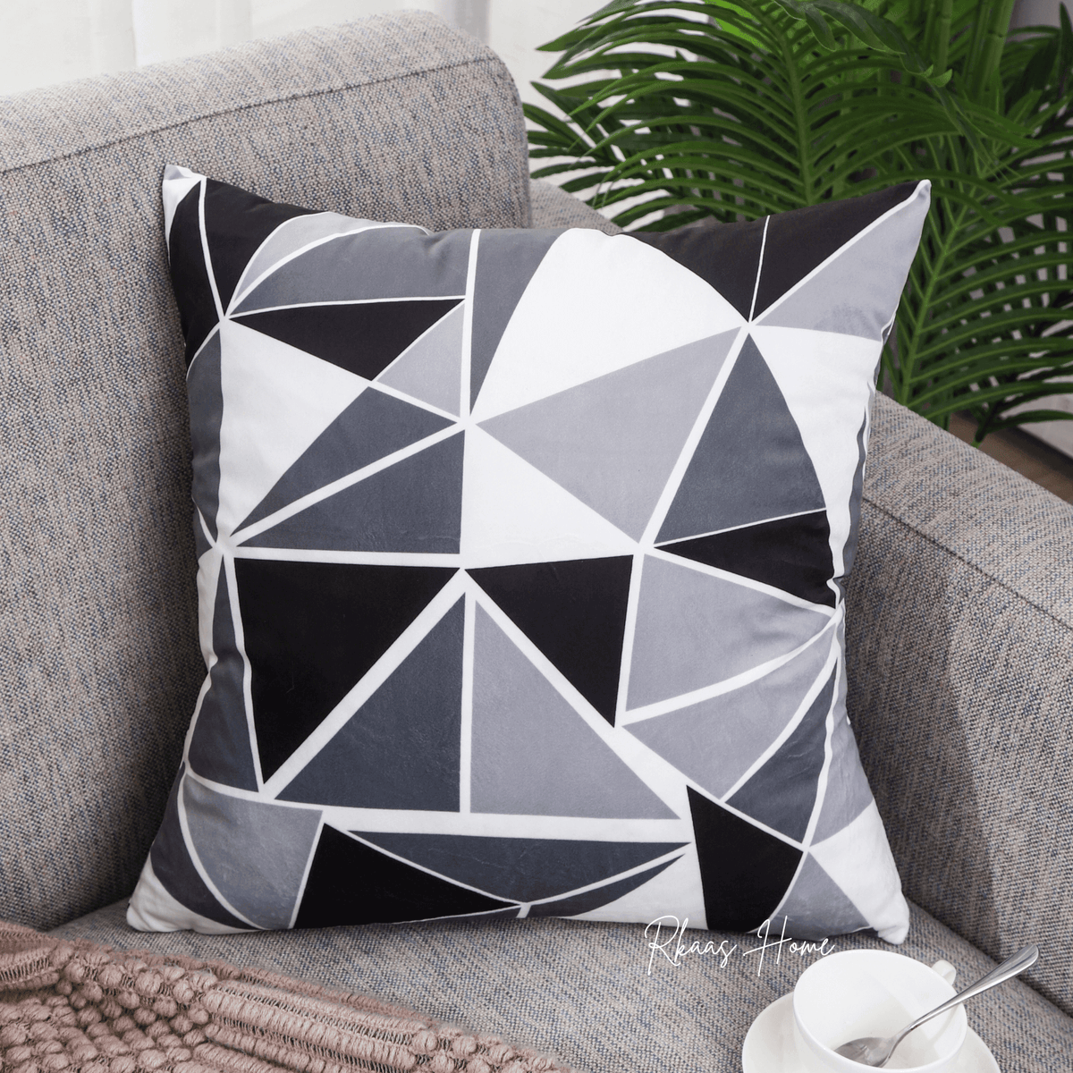 Designer Dutch Velvet Geometric Cushion Cover 45x45 cm - Black-2