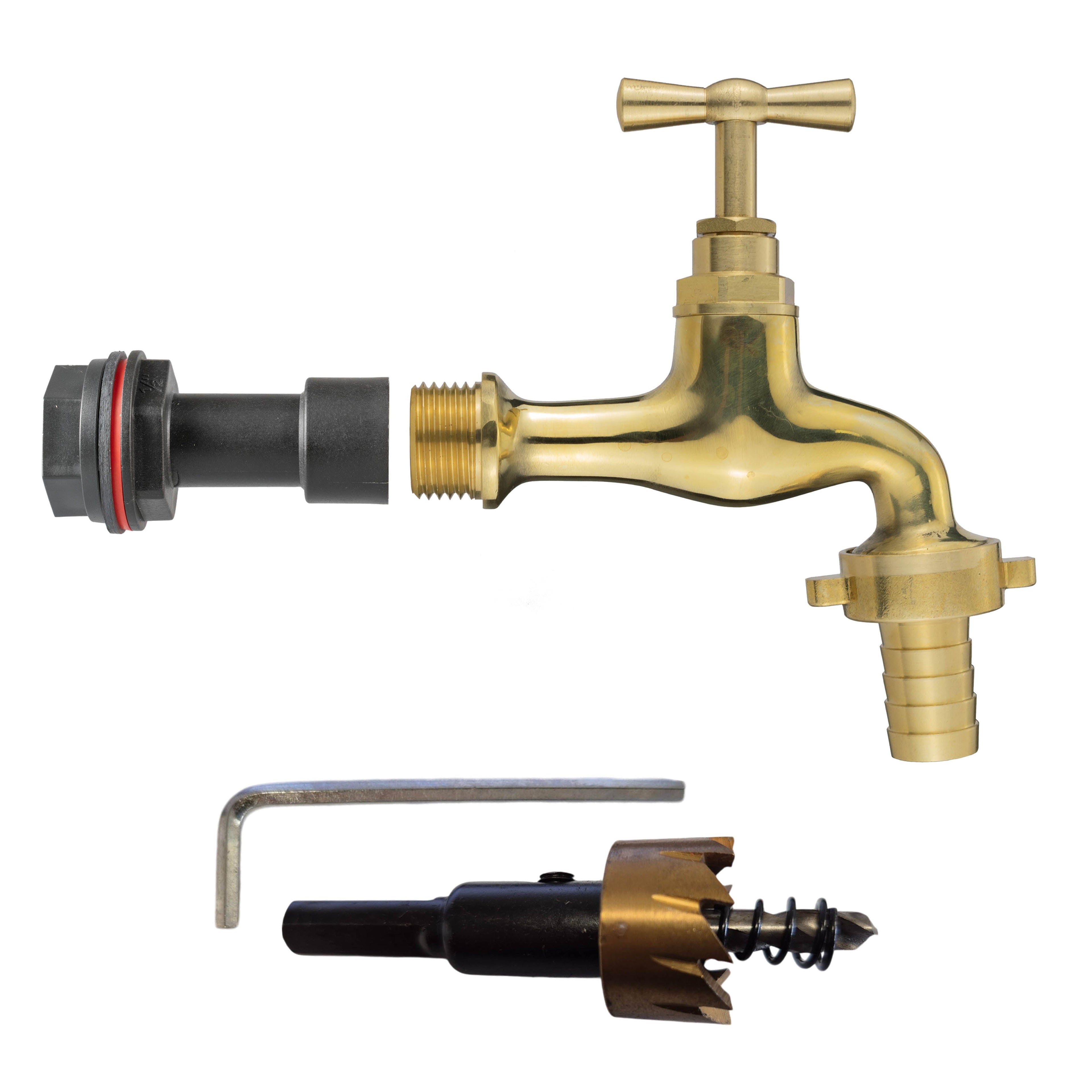 Water Butt Extension Kit 1/2in with 15mm Barbed Polished Brass Tap and Drill Bit-0