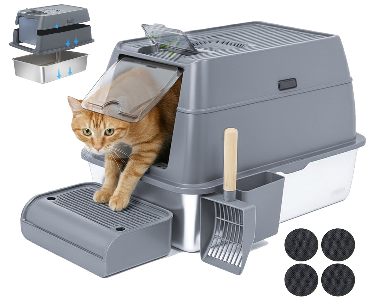 IGAD XXL Stainless Steel Cat Litter Box – High Sides, Non-Stick, Easy Clean, Odour Control, Removable Lid & Scoop (Grey)-0