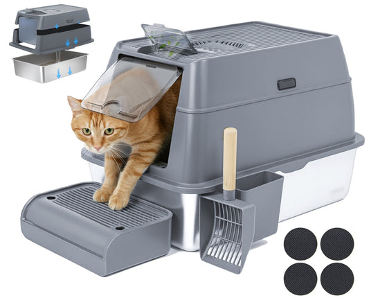 IGAD XXL Stainless Steel Cat Litter Box – High Sides, Non-Stick, Easy Clean, Odour Control, Removable Lid & Scoop (Grey)-0