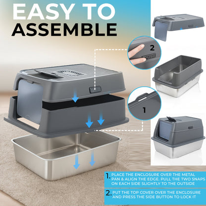 IGAD XXL Stainless Steel Cat Litter Box – High Sides, Non-Stick, Easy Clean, Odour Control, Removable Lid & Scoop (Grey)-1