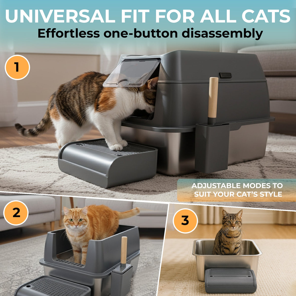 IGAD XXL Stainless Steel Cat Litter Box – High Sides, Non-Stick, Easy Clean, Odour Control, Removable Lid & Scoop (Grey)-4