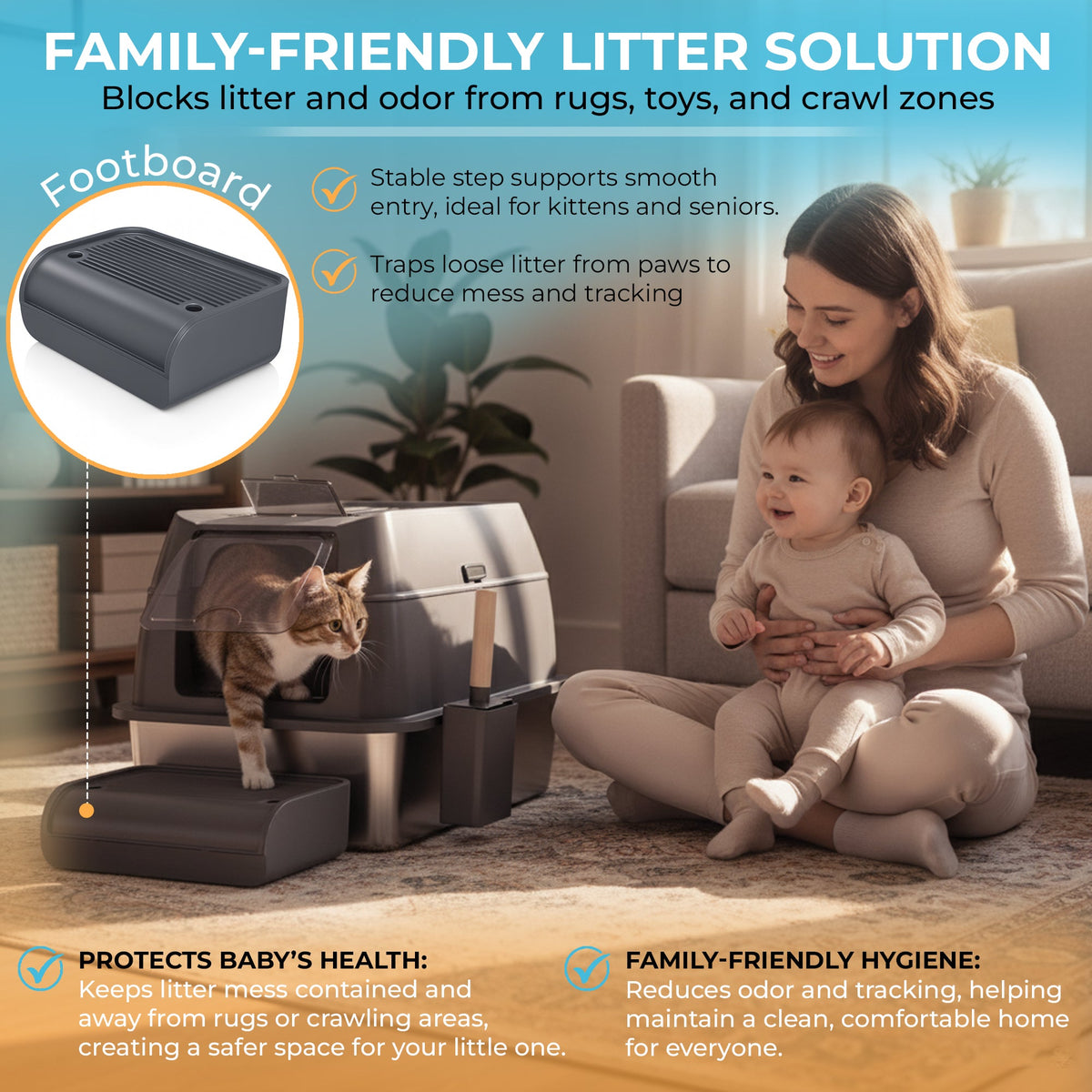 IGAD XXL Stainless Steel Cat Litter Box – High Sides, Non-Stick, Easy Clean, Odour Control, Removable Lid & Scoop (Grey)-3